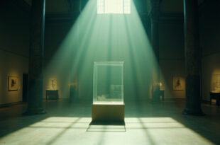 Empty museum exhibition hall with spotlights illuminating vacant display cases after controversial exhibition closure