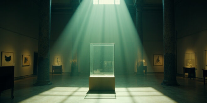 Empty museum exhibition hall with spotlights illuminating vacant display cases after controversial exhibition closure