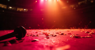Empty concert stage with abandoned microphone and scattered confetti illuminated by pink and gold spotlights after show