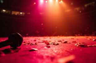 Empty concert stage with abandoned microphone and scattered confetti illuminated by pink and gold spotlights after show