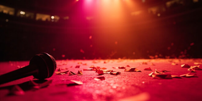 Empty concert stage with abandoned microphone and scattered confetti illuminated by pink and gold spotlights after show