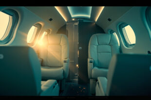 Empty luxury private jet interior with closed bathroom door, illuminated in silver blue and cream white lighting