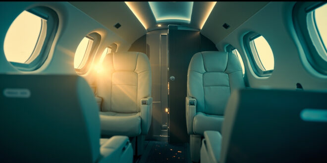 Empty luxury private jet interior with closed bathroom door, illuminated in silver blue and cream white lighting