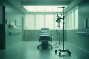 Empty medical chair beside IV stand and monitoring equipment in hospital treatment room