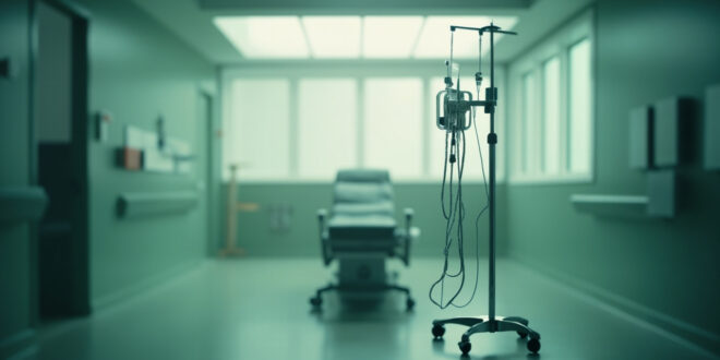 Empty medical chair beside IV stand and monitoring equipment in hospital treatment room
