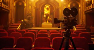 Vintage film camera positioned before ornate venetian architecture with red carpet and golden lighting