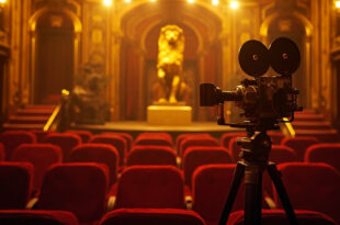 Vintage film camera positioned before ornate venetian architecture with red carpet and golden lighting