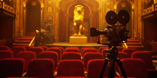 Vintage film camera positioned before ornate venetian architecture with red carpet and golden lighting
