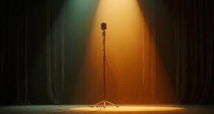 Empty microphone stand on silent stage in darkened home studio with closed curtains, bathed in soft gray and amber light