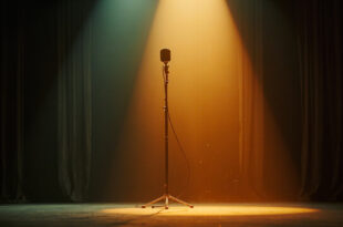 Empty microphone stand on silent stage in darkened home studio with closed curtains, bathed in soft gray and amber light