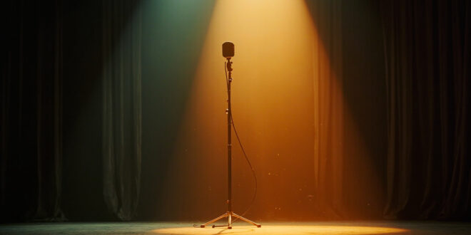 Empty microphone stand on silent stage in darkened home studio with closed curtains, bathed in soft gray and amber light
