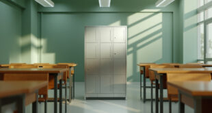 Empty classroom with wooden desks and locked phone storage cabinet against white walls under fluorescent lights.