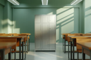 Empty classroom with wooden desks and locked phone storage cabinet against white walls under fluorescent lights.