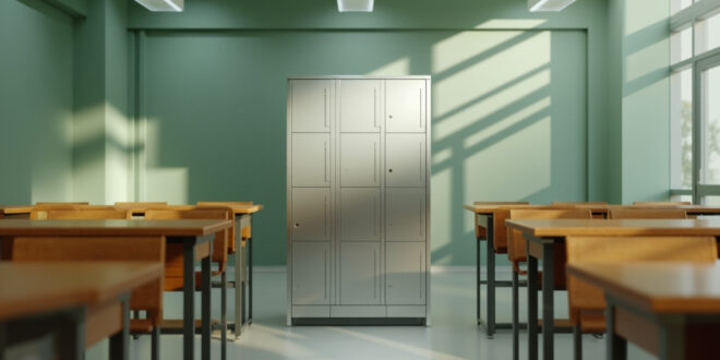 Empty classroom with wooden desks and locked phone storage cabinet against white walls under fluorescent lights.