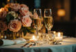 Two champagne flutes touching in toast over candlelit restaurant table with pink roses and wedding rings