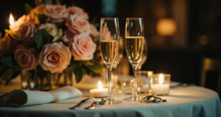 Two champagne flutes touching in toast over candlelit restaurant table with pink roses and wedding rings
