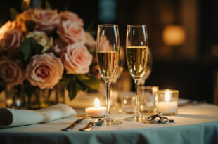 Two champagne flutes touching in toast over candlelit restaurant table with pink roses and wedding rings