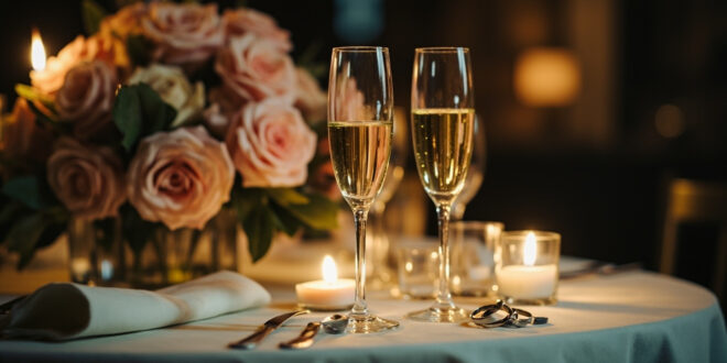 Two champagne flutes touching in toast over candlelit restaurant table with pink roses and wedding rings