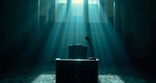 Empty congressional chair facing abandoned podium with vacant microphone in dimly lit government chamber