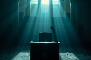 Empty congressional chair facing abandoned podium with vacant microphone in dimly lit government chamber