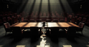 Split wooden conference table in empty government meeting room with burgundy chairs pushed back