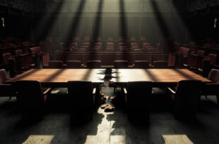 Split wooden conference table in empty government meeting room with burgundy chairs pushed back