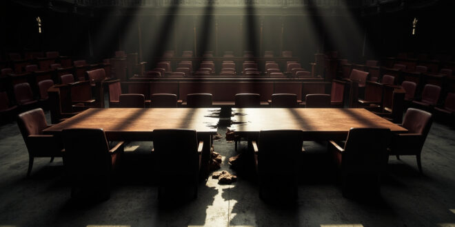 Split wooden conference table in empty government meeting room with burgundy chairs pushed back
