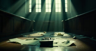 Empty courtroom with legal bills scattered across abandoned law office, judge's bench covered with attorney bills and calculator
