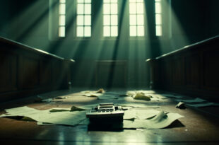 Empty courtroom with legal bills scattered across abandoned law office, judge's bench covered with attorney bills and calculator