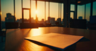Empty wooden desk with blank document and waiting paperwork in minimalist office at twilight