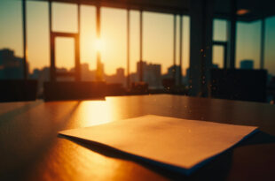 Empty wooden desk with blank document and waiting paperwork in minimalist office at twilight