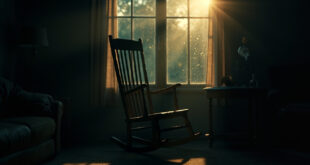 Empty rocking chair beside window in dimly lit living room at dusk, with wilted flower on wooden table