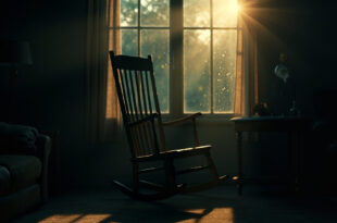 Empty rocking chair beside window in dimly lit living room at dusk, with wilted flower on wooden table