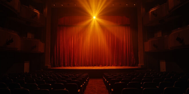 Empty Las Vegas theater stage with postponed show announcement, dimmed lights and vacant seats in amber and burgundy hues