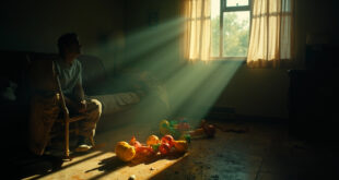 Empty rocking chair beside abandoned children's toys on a couch in a quiet home interior bathed in soft natural light.