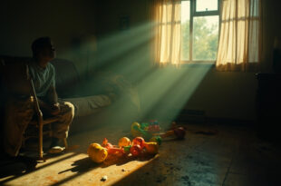 Empty rocking chair beside abandoned children's toys on a couch in a quiet home interior bathed in soft natural light.