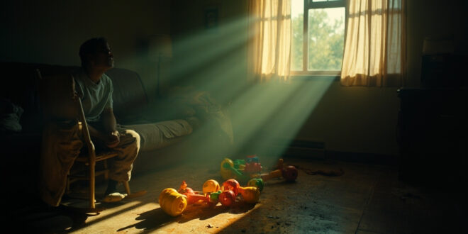 Empty rocking chair beside abandoned children's toys on a couch in a quiet home interior bathed in soft natural light.