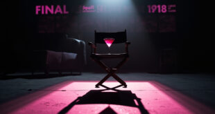 Empty TV soundstage with single martini glass on table, dramatic lighting, pink and black color scheme.