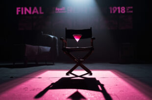 Empty TV soundstage with single martini glass on table, dramatic lighting, pink and black color scheme.
