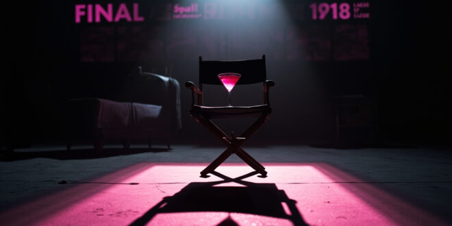 Empty TV soundstage with single martini glass on table, dramatic lighting, pink and black color scheme.