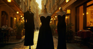 Black silk dress and corset displayed against Roman cobblestones and restaurant lighting at twilight