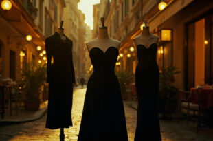 Black silk dress and corset displayed against Roman cobblestones and restaurant lighting at twilight