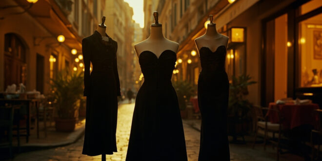 Black silk dress and corset displayed against Roman cobblestones and restaurant lighting at twilight