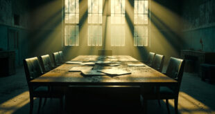 Empty negotiation table with scattered documents in abandoned diplomatic conference room lit by morning light.