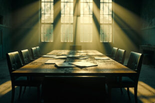 Empty negotiation table with scattered documents in abandoned diplomatic conference room lit by morning light.