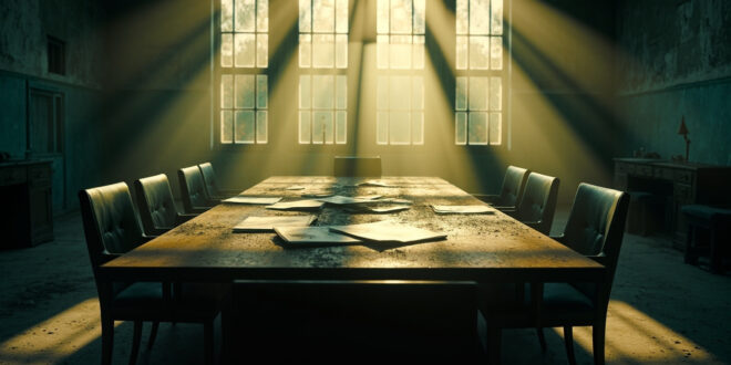 Empty negotiation table with scattered documents in abandoned diplomatic conference room lit by morning light.