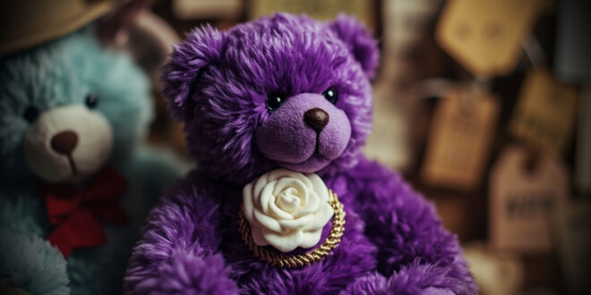Purple commemorative bear toy with white rose emblem displayed against neutral background with soft lighting