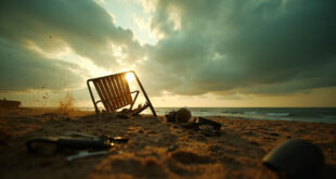 Abandoned personal belongings scattered across a war-torn Black Sea beach at dusk, featuring an overturned beach chair