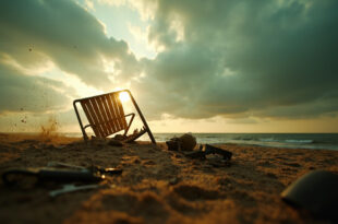 Abandoned personal belongings scattered across a war-torn Black Sea beach at dusk, featuring an overturned beach chair