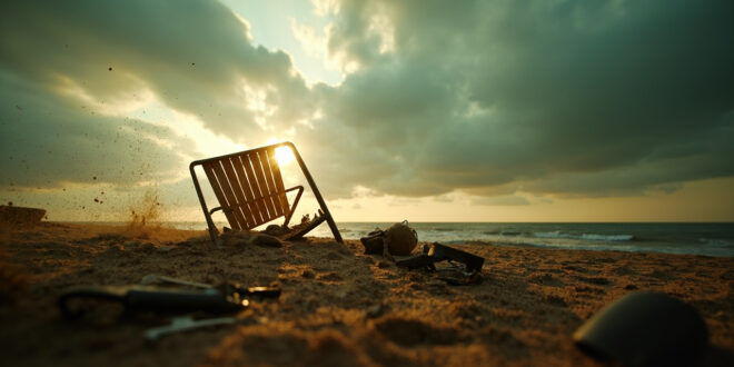 Abandoned personal belongings scattered across a war-torn Black Sea beach at dusk, featuring an overturned beach chair